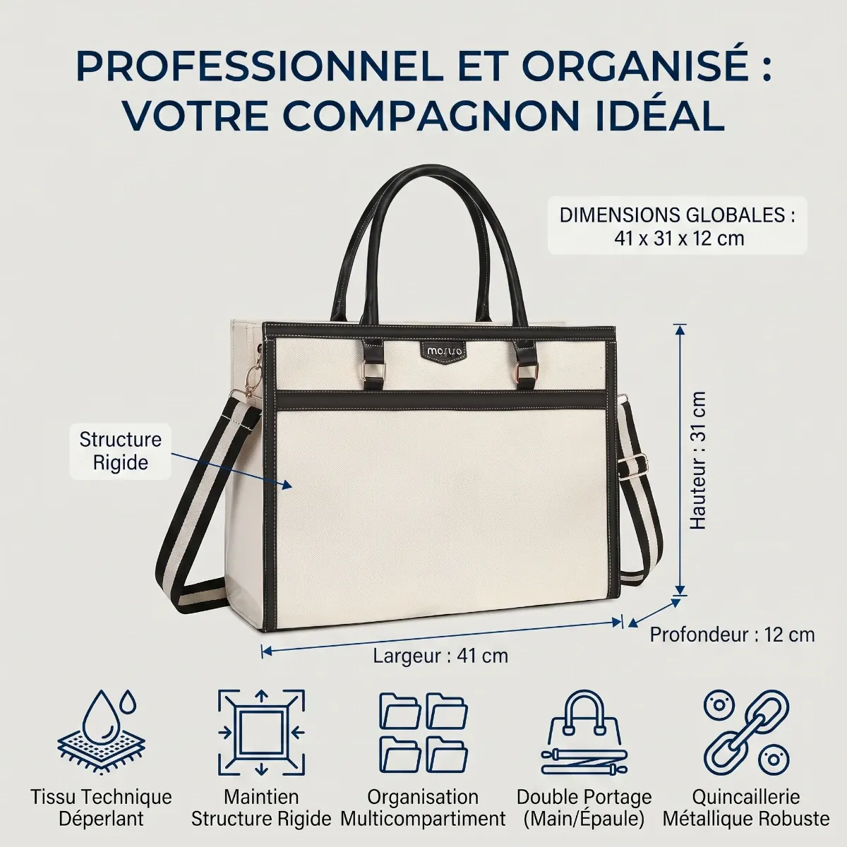 Dimensions 41x31x12 cm et caractéristiques techniques du sac ordinateur femme Duetto