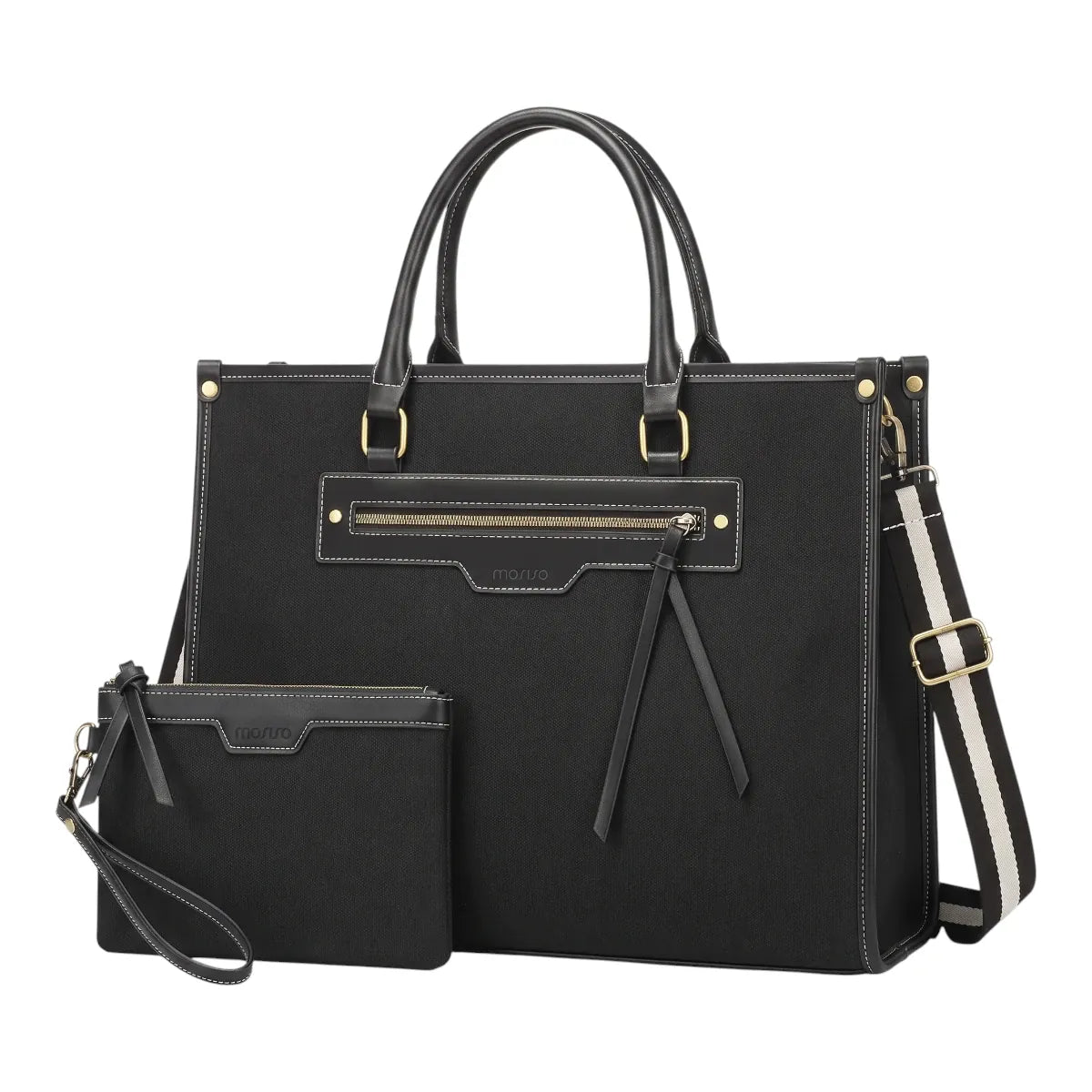 Sac ordinateur femme Duetto coloris noir avec sa pochette sur fond blanc