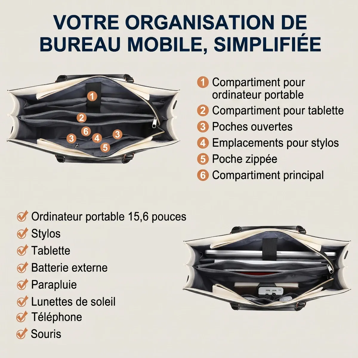 Compartiments et rangement intérieur du sac ordinateur femme Duetto pour PC 15.6 pouces