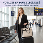 Sacoche ordinateur femme Duetto fixée sur poignée télescopique de valise en aéroport