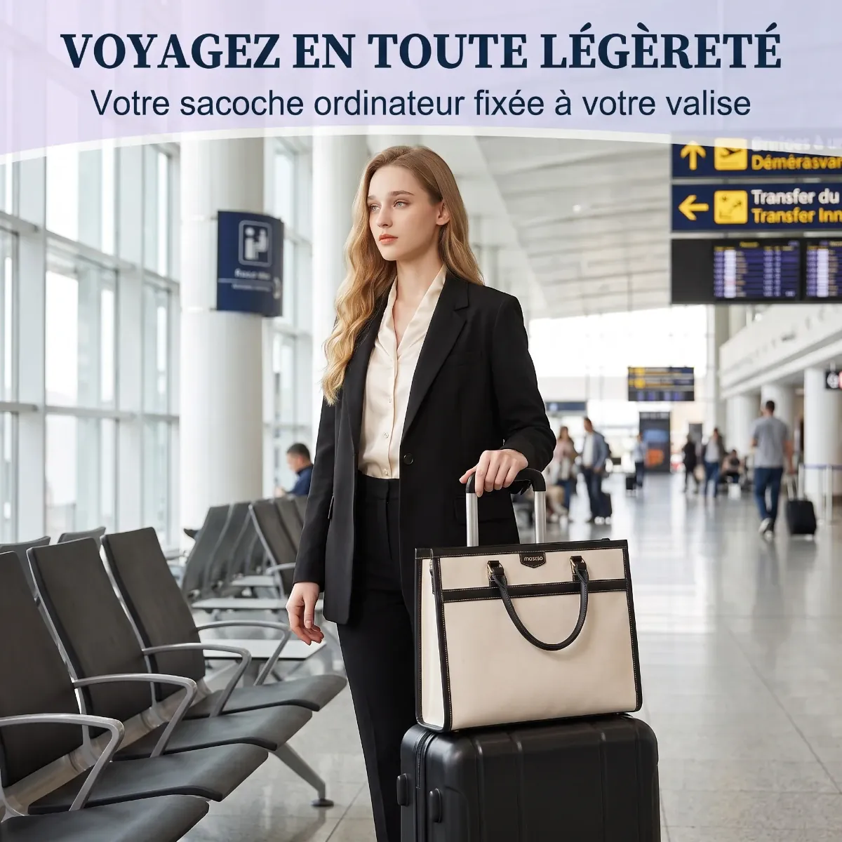 Sacoche ordinateur femme Duetto fixée sur poignée télescopique de valise en aéroport