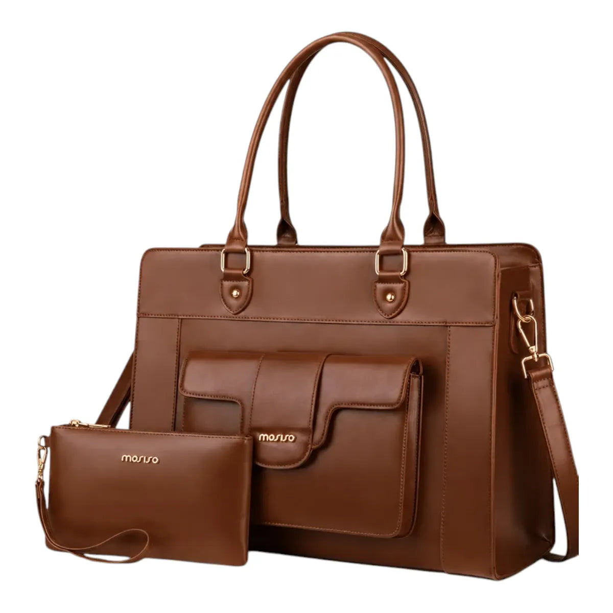 Sac ordinateur femme Duora marron cognac avec sa pochette assortie
