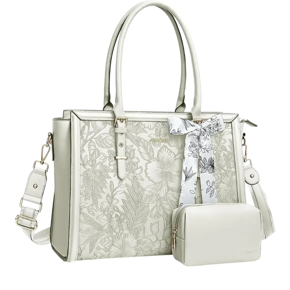 Sac ordinateur femme Floralys beige clair, design chic avec relief floral et foulard noué.