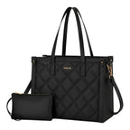 Sac ordinateur femme Matelya noir matelassé avec sa pochette assortie sur fond blanc