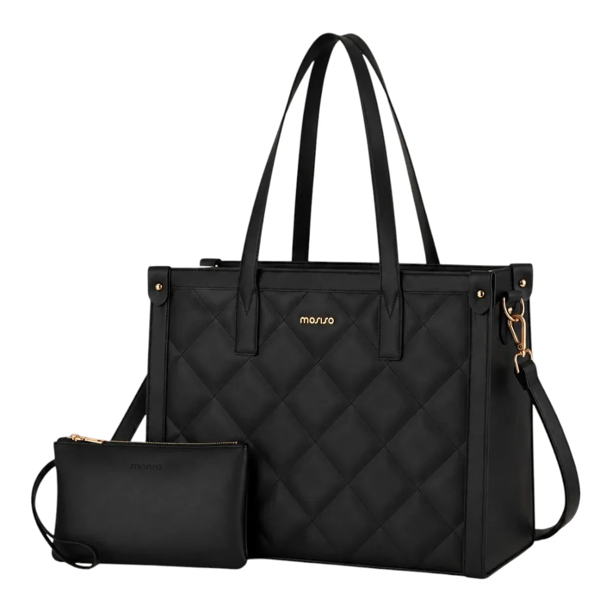 Sac ordinateur femme Matelya noir matelassé avec sa pochette assortie sur fond blanc