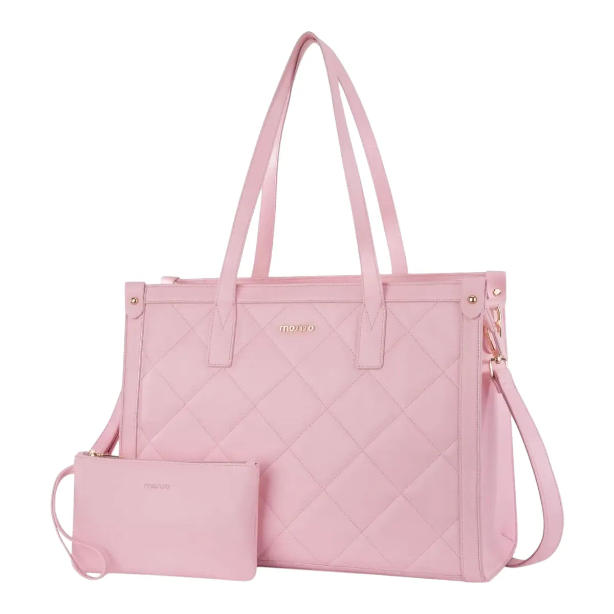Sac ordinateur femme Matelya rose matelassé avec sa pochette assortie sur fond blanc