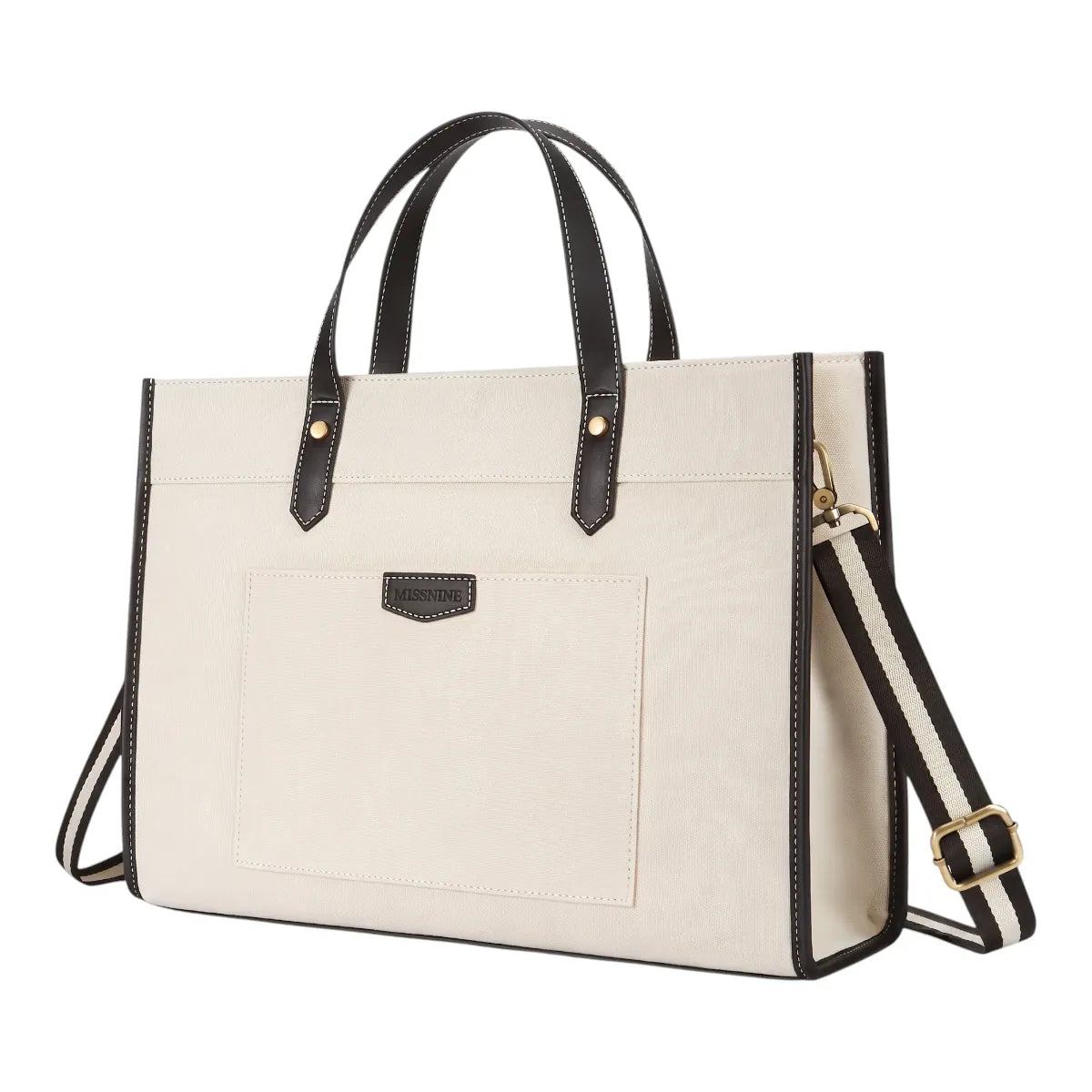 Sac ordinateur femme MISSNINE en toile écrue et cuir noir, vue de face sur fond blanc.