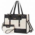 Sac ordinateur femme noir et blanc Gemi - Vue de face sur fond blanc avec pochette assortie