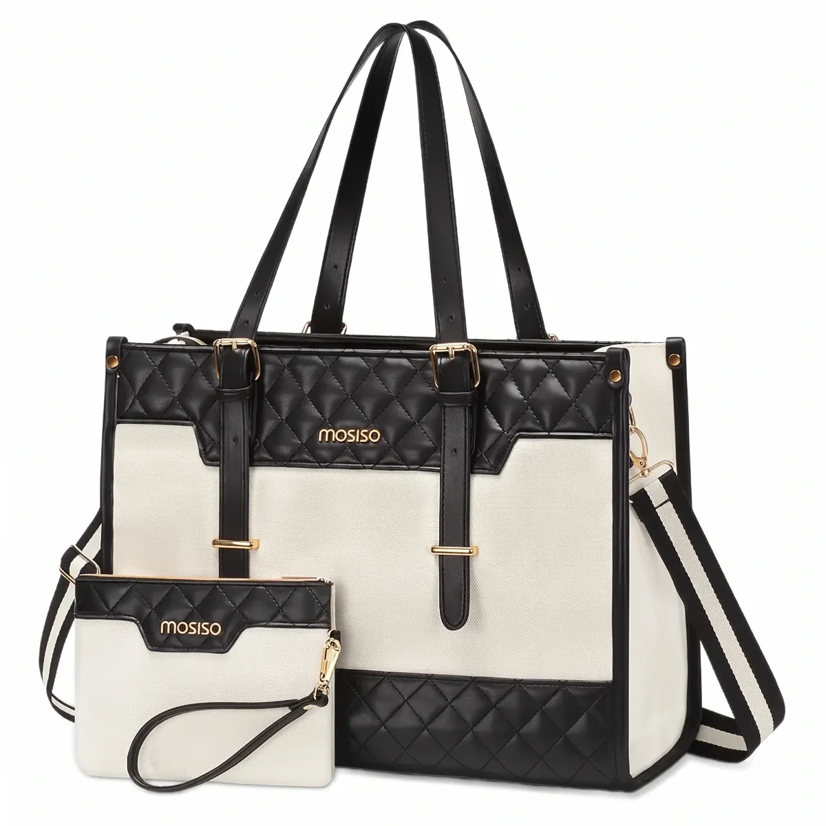 Sac ordinateur femme noir et blanc Gemi - Vue de face sur fond blanc avec pochette assortie