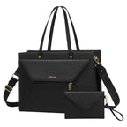 Sac ordinateur femme noir Envolia avec sa pochette assortie posé sur fond blanc