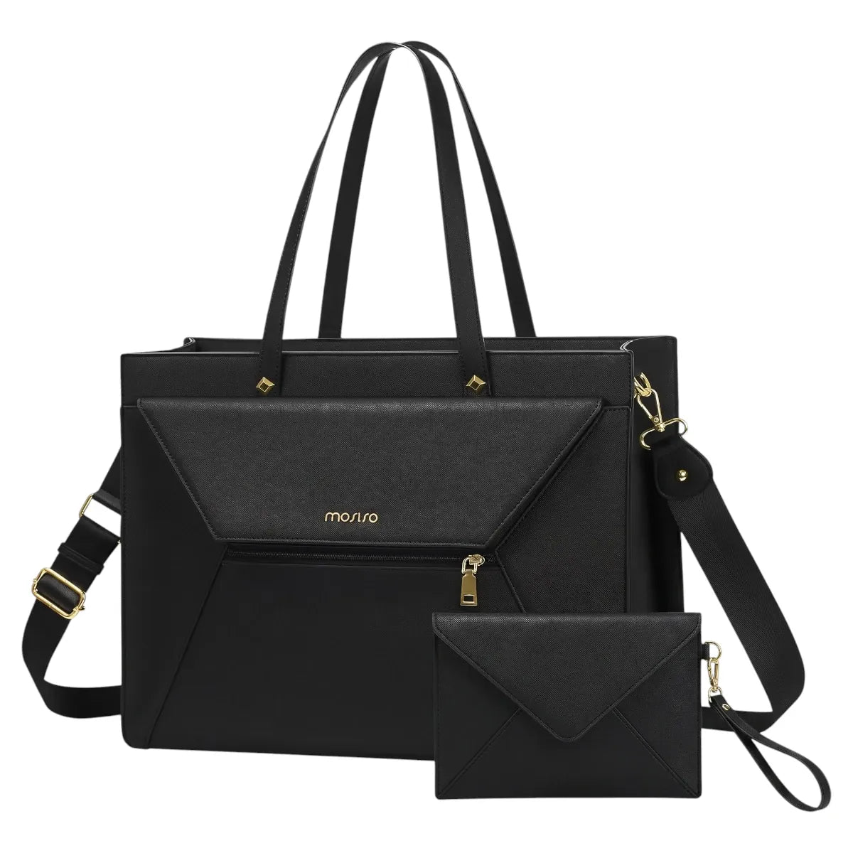 Sac ordinateur femme noir Envolia avec sa pochette assortie posé sur fond blanc
