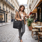 Femme d'affaires portant le sac ordinateur femme FlexoMax, une sacoche ordi femme idéale pour la ville.