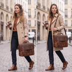 Sac ordinateur femme Twinora porté main et bandoulière, une sacoche ordi femme très élégante en déplacement.