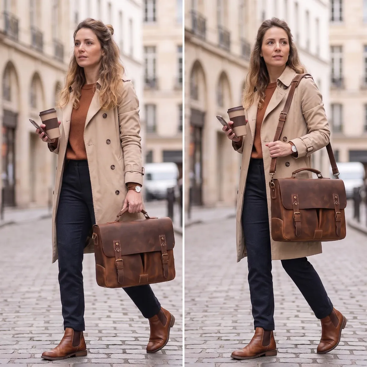 Sac ordinateur femme Twinora porté main et bandoulière, une sacoche ordi femme très élégante en déplacement.