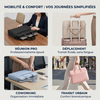 Infographie guide d'utilisation pour le sac ordinateur femme Taikesen. Elle est divisée en quatre panneaux montrant les différents scénarios : "Réunion Pro" avec le sac noir, "Déplacement" avec le sac beige fixé à une valise trolley, "Coworking" avec le sac bleu pastel, et "Transit Urbain" avec le sac rose poudré. Le titre principal est "MOBILITÉ & CONFORT : VOS JOURNÉES SIMPLIFIÉES". Chaque panneau comprend un titre d'utilisation et un avantage ultra-court, comme "+ Professionnalisme épuré" pour la réunion