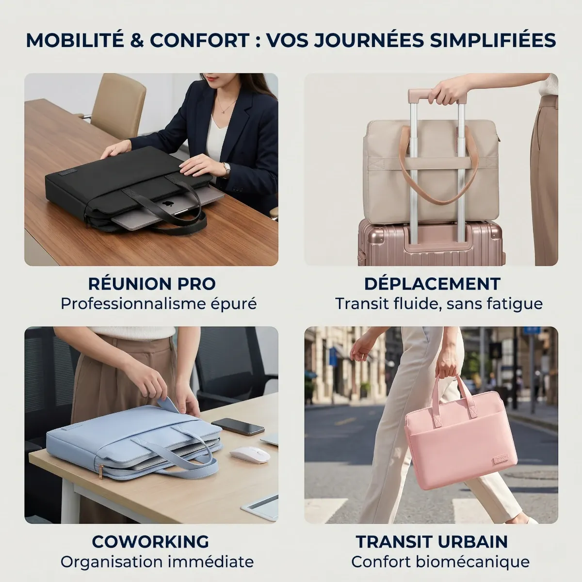 Infographie guide d'utilisation pour le sac ordinateur femme Taikesen. Elle est divisée en quatre panneaux montrant les différents scénarios : "Réunion Pro" avec le sac noir, "Déplacement" avec le sac beige fixé à une valise trolley, "Coworking" avec le sac bleu pastel, et "Transit Urbain" avec le sac rose poudré. Le titre principal est "MOBILITÉ & CONFORT : VOS JOURNÉES SIMPLIFIÉES". Chaque panneau comprend un titre d'utilisation et un avantage ultra-court, comme "+ Professionnalisme épuré" pour la réunion