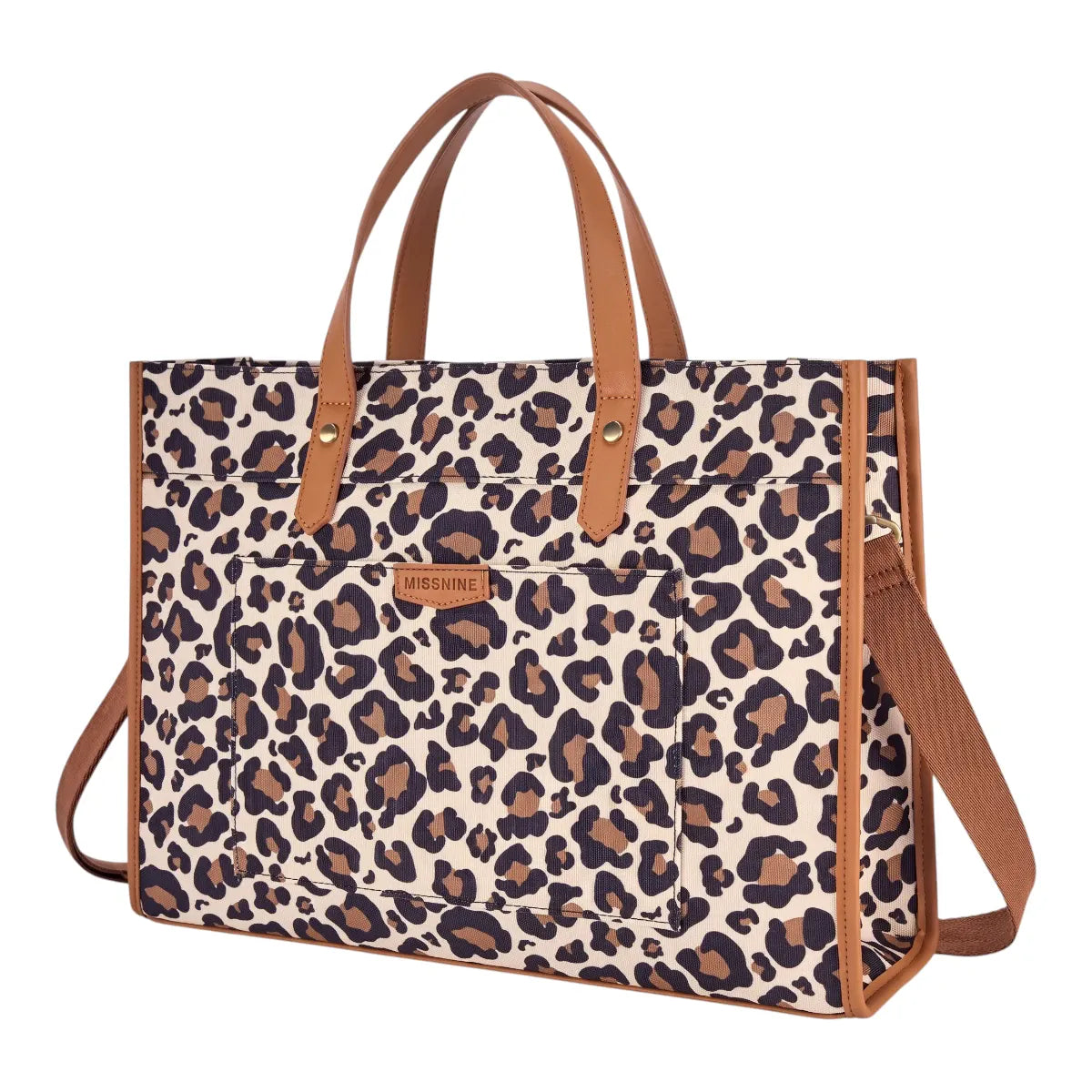 Sac ordinateur femme MISSNINE style léopard, vue de face sur fond blanc.