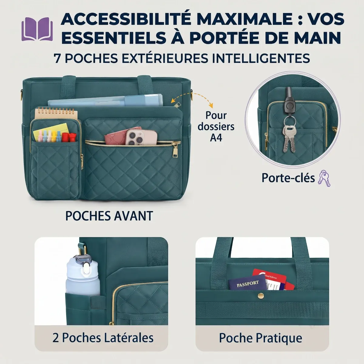 Détail des 7 poches extérieures intelligentes du sac ordinateur femme Versalia