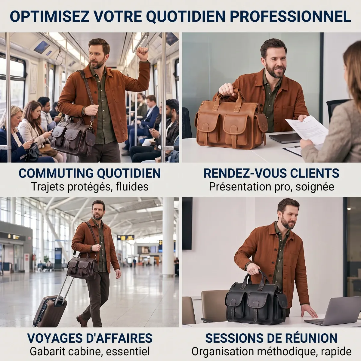 Utilisations quotidiennes du sac ordinateur homme Bastion en commuting, rendez-vous et voyage.