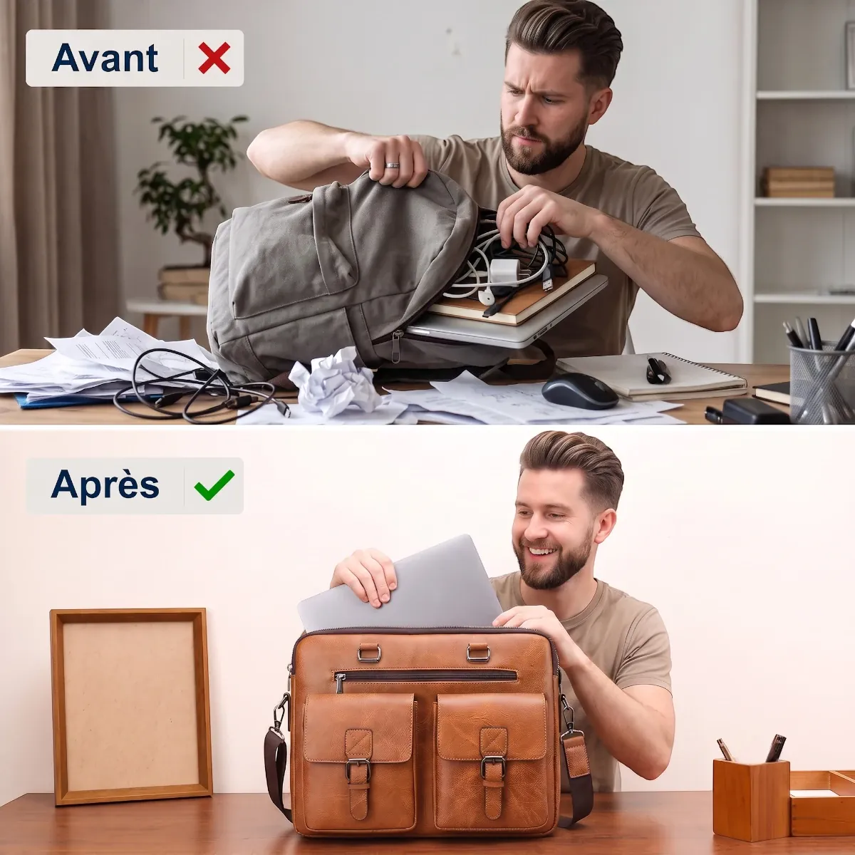Comparaison avant désordonné après ordonné avec le sac ordinateur homme Bifolio, homme souriant rangeant un PC.