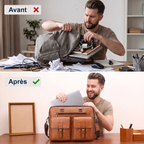 Comparaison avant désordonné après ordonné avec le sac ordinateur homme Bifolio, homme souriant rangeant un PC.