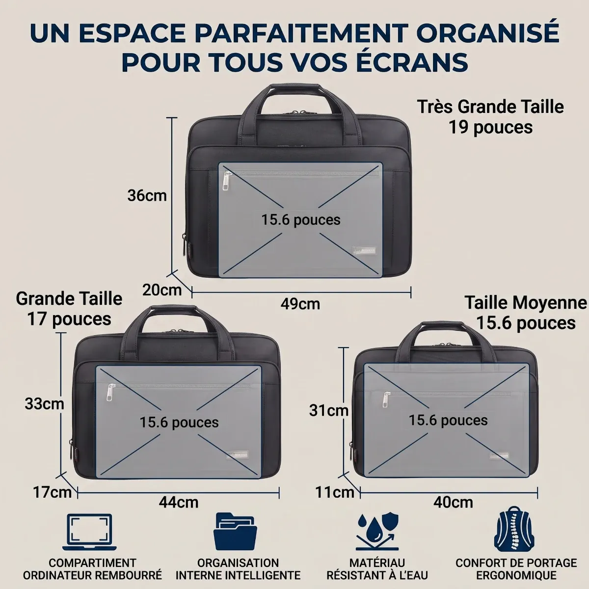 Sac ordinateur homme FlexoMax - Dimensions et compatibilité PC 15.6 à 19 pouces