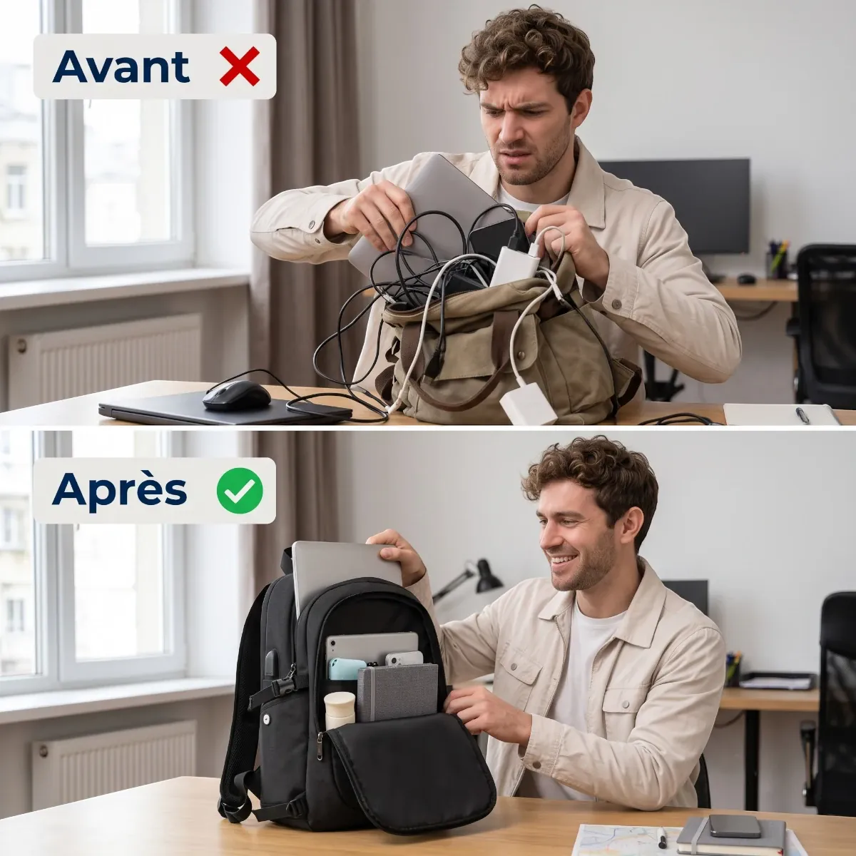 Comparatif avant après organisation avec le sac ordinateur homme KonoSync