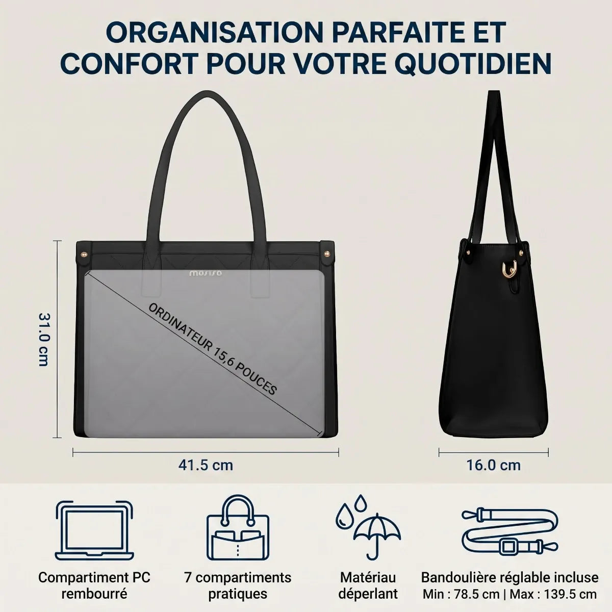 Dimensions exactes en cm et caractéristiques de la sacoche ordinateur femme Matelya