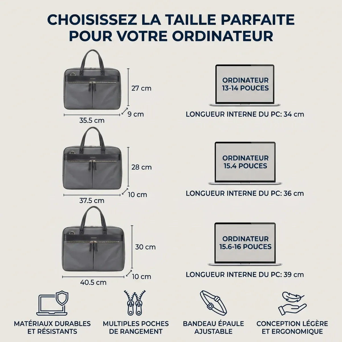 Guide des dimensions et compatibilité du sac PC portable femme Sérénia