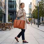 Femme active portant la sacoche business femme Archia marron en déplacement urbain