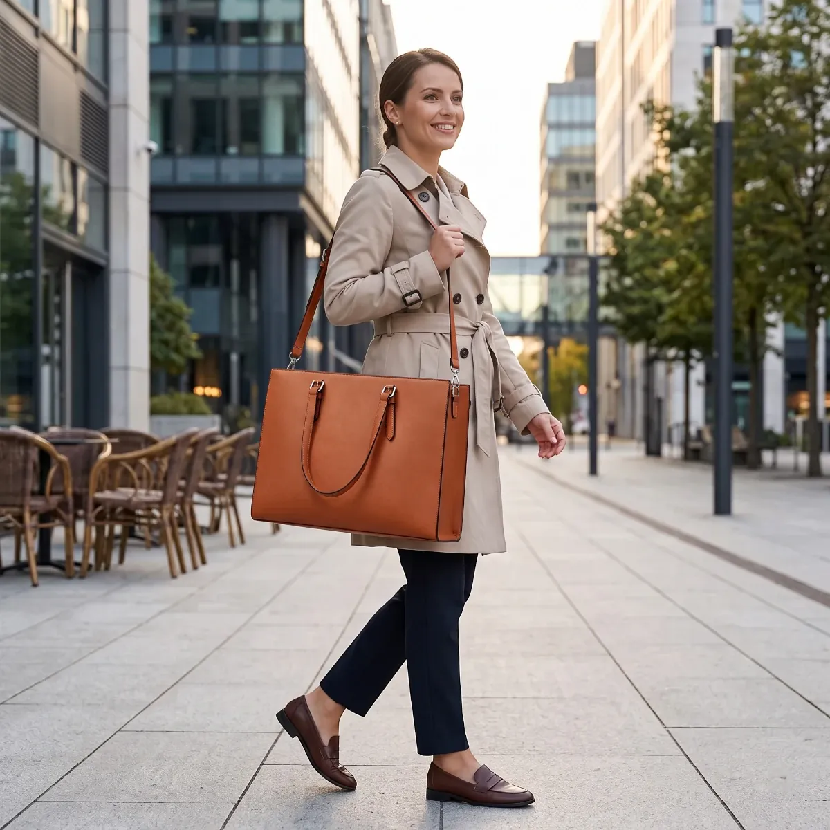 Femme active portant la sacoche business femme Archia marron en déplacement urbain