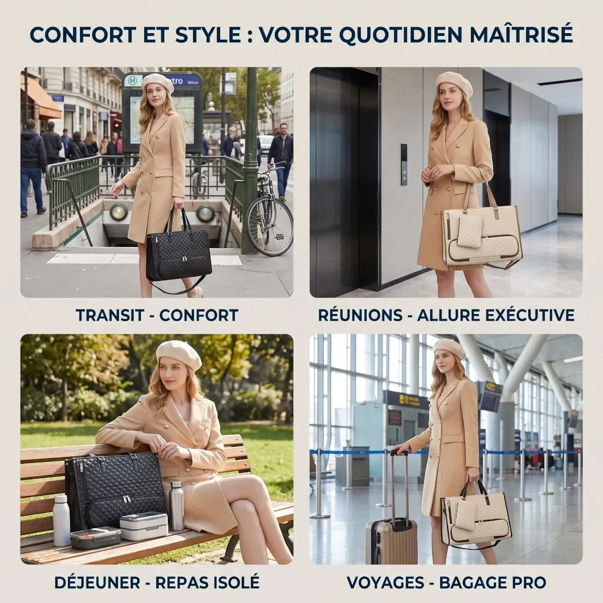 Quatre cas d'utilisation de la sacoche business femme Dualia en déplacement