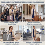 Cas d'utilisation de la sacoche business femme Floralys : métro, bureau, rdv client et voyage cabine.