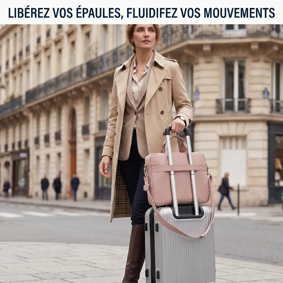 Sacoche business femme Mahoo fixée sur la poignée télescopique d'une valise trolley argentée pour faciliter les déplacements.