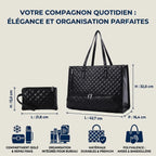 Schéma des dimensions en cm et spécifications de la sacoche ergonomique femme Dualia
