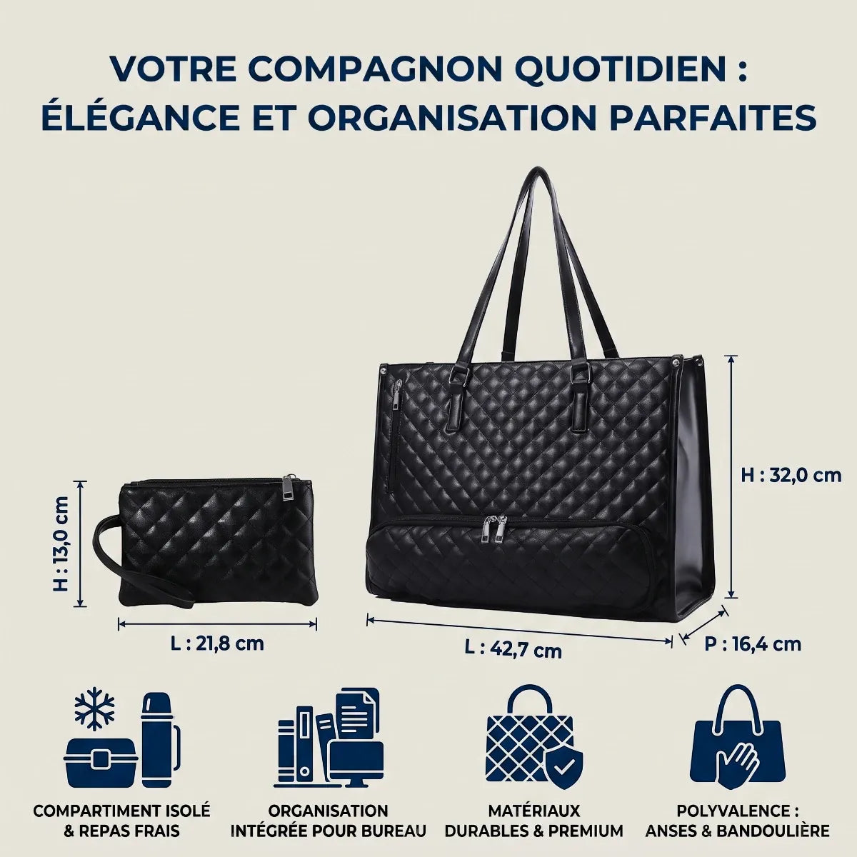Schéma des dimensions en cm et spécifications de la sacoche ergonomique femme Dualia