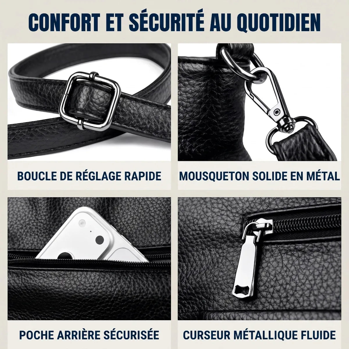 Zoom sur les détails techniques et finitions de la sacoche ergonomique femme Optima