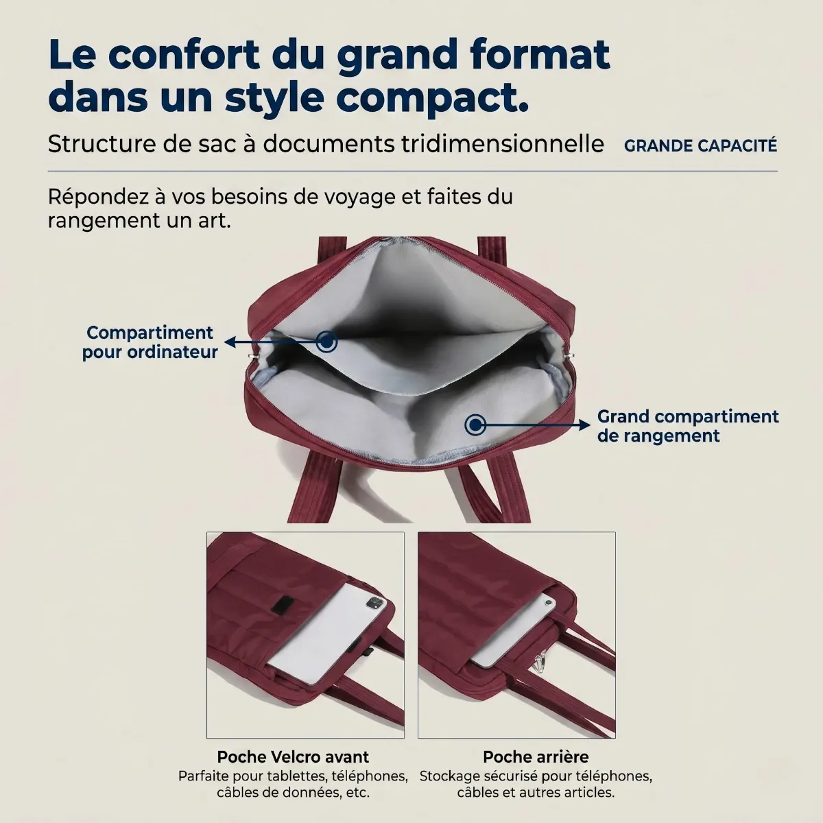 Schéma du compartimentage optimisé de la sacoche ordinateur pour femme Chrono pour PC et tablette.