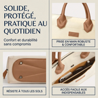 Détails de conception de la sacoche business femme Constance mettant en avant les rivets de protection au sol et la poignée renforcée.