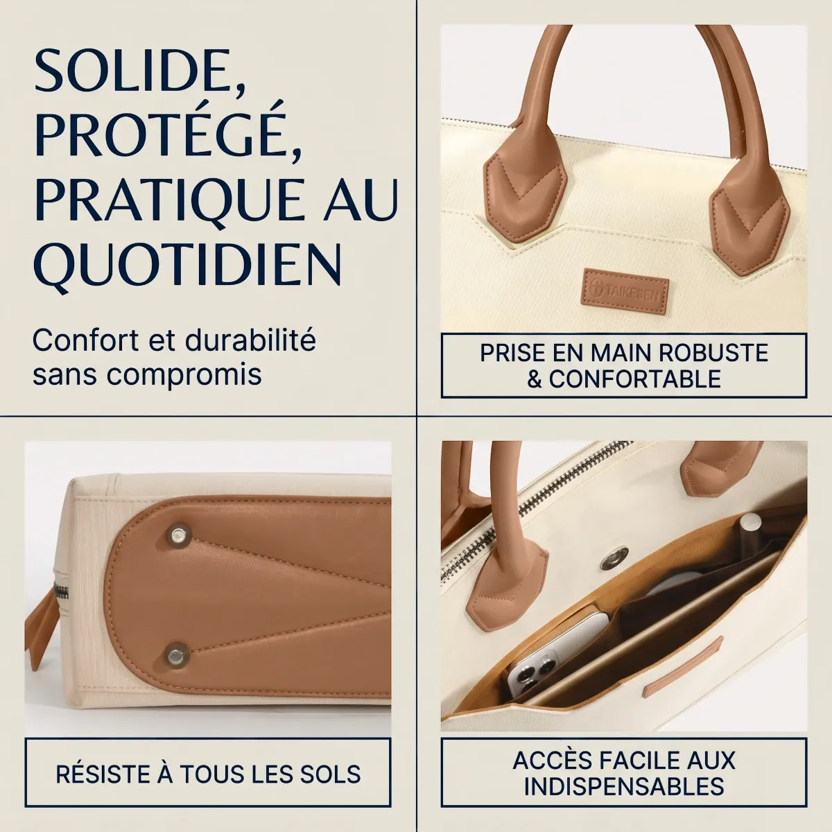 Détails de conception de la sacoche business femme Constance mettant en avant les rivets de protection au sol et la poignée renforcée.