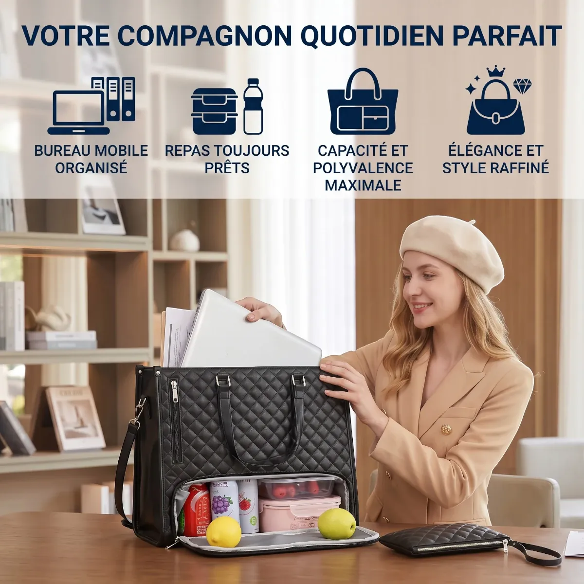 Sacoche femme ordinateur Dualia illustrant les bénéfices de confort et de rangement