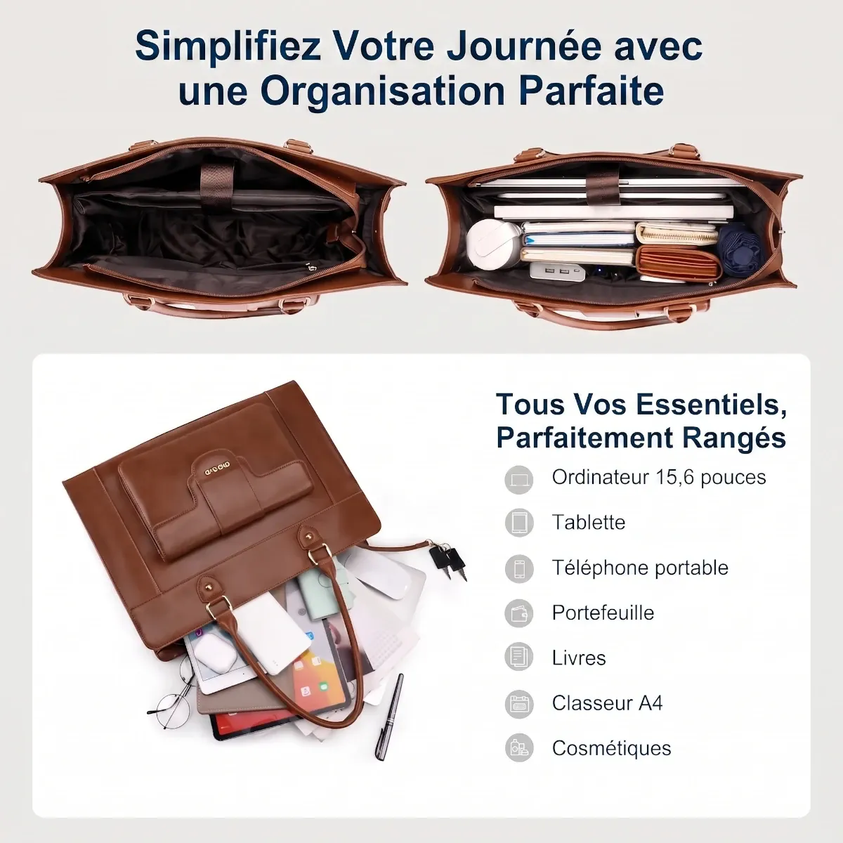 Vue intérieure de la sacoche femme ordinateur Duora et tous ses accessoires rangés