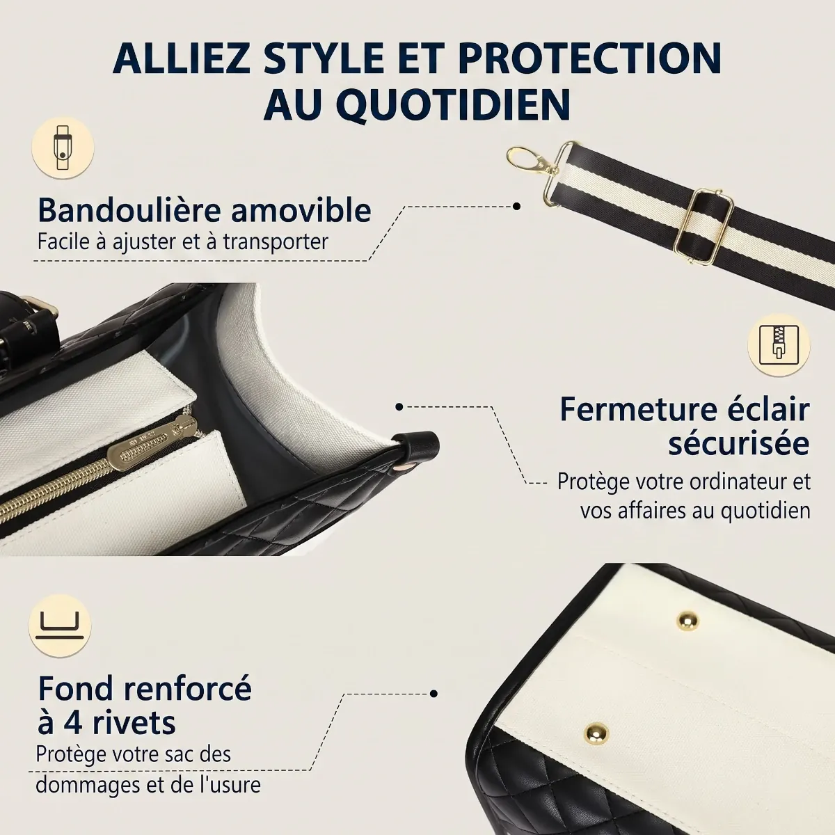 Sacoche femme ordinateur Gemi - Zoom sur les finitions : bandoulière amovible, fermeture éclair sécurisée et fond renforcé par 4 rivets
