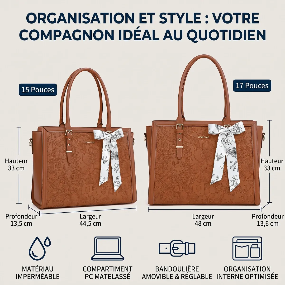 Comparatif des dimensions 15 pouces et 17 pouces de la sacoche femme ordinateur Floralys.