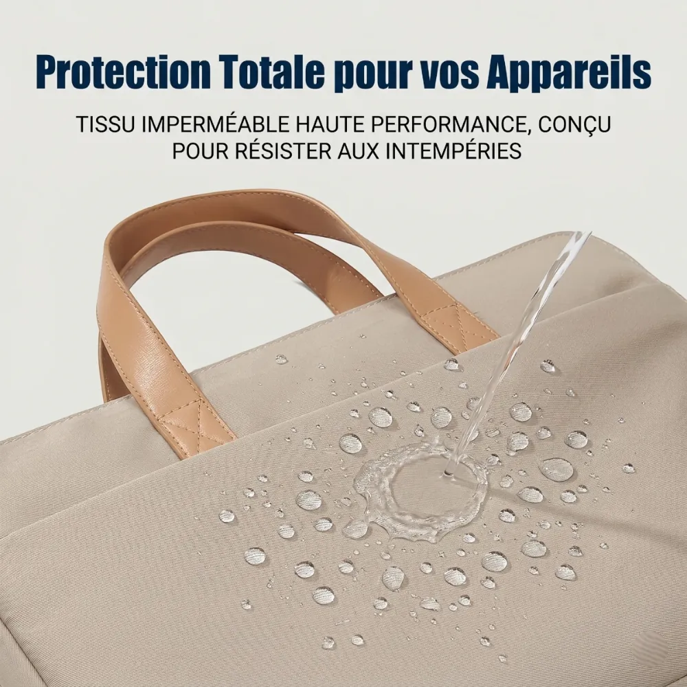 Test d'étanchéité à l'eau sur le tissu hydrophobe déperlant de la sacoche femme ordinateur.