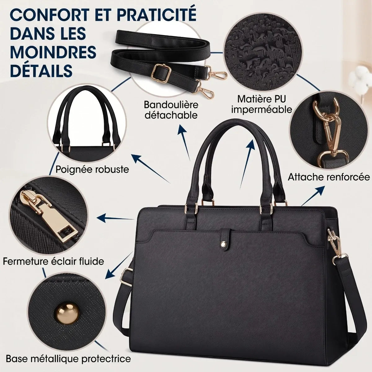 Gros plan sur les finitions et coutures de la sacoche femme ordinateur Kalea