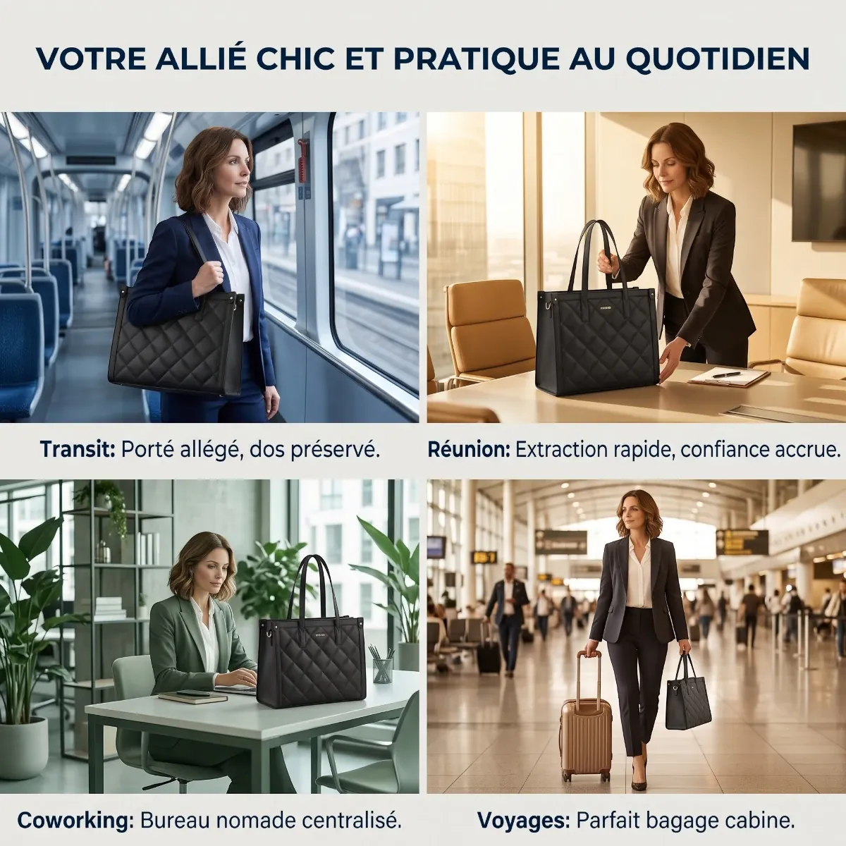 Usages quotidiens de la sacoche femme ordinateur Matelya en transit réunion et voyage