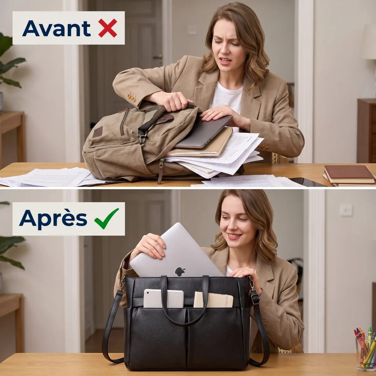 Comparatif avant et après rangement avec la sacoche femme ordinateur Optima