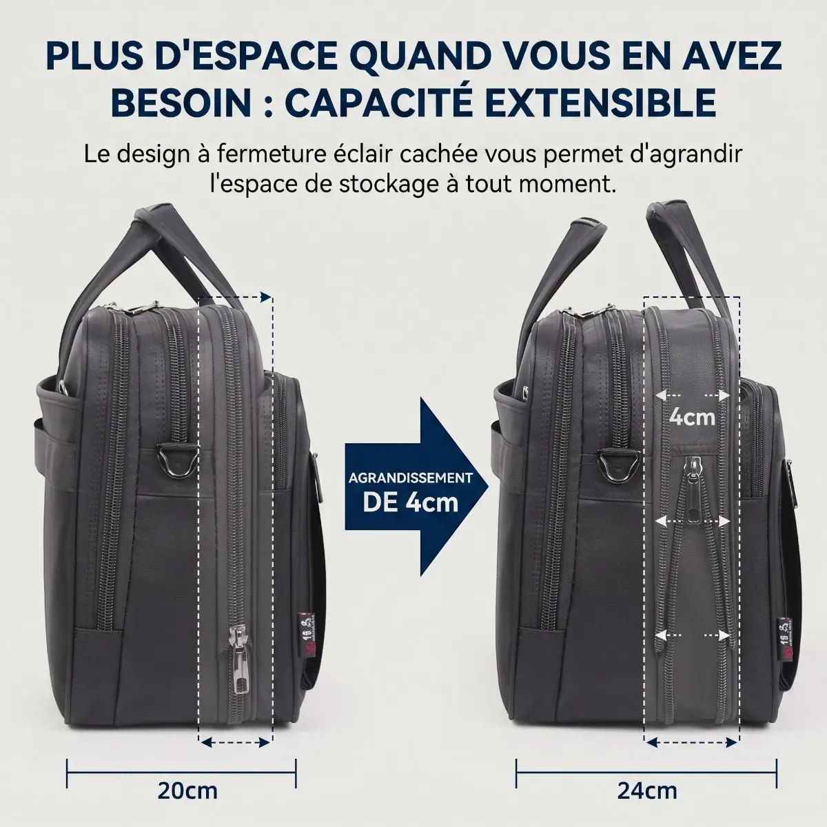 Soufflet extensible de la sacoche ordi FlexoMax, pour obtenir le volume d'un sac à dos ordinateur en un zip.