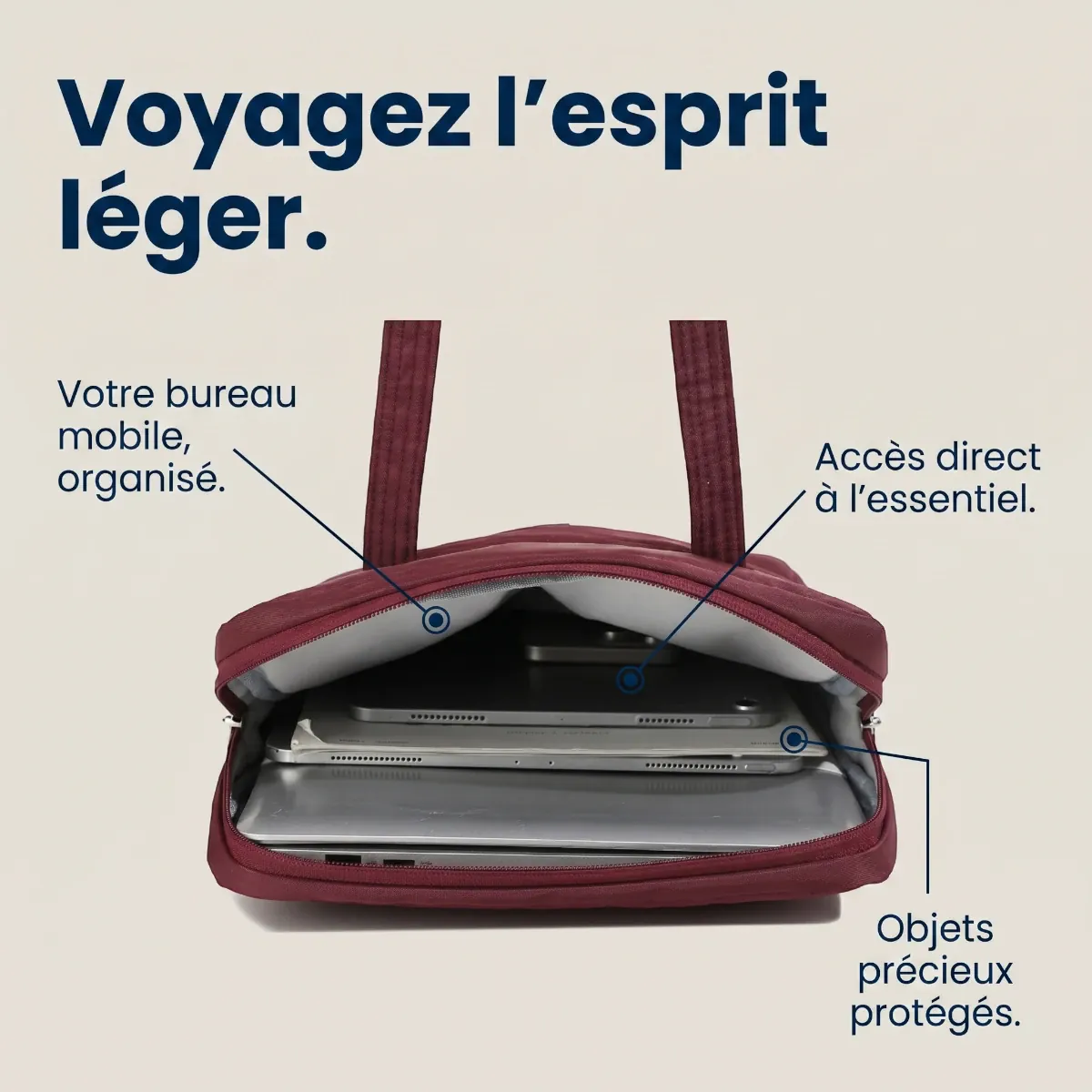 Vue de dessus de la sacoche PC portable femme Chrono illustrant sa grande capacité et son ouverture fluide.
